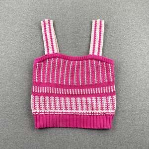 LUSH Striped Sweater Knit Tank Top Size L Fuchsia Pink Crochet Cotton Preppy